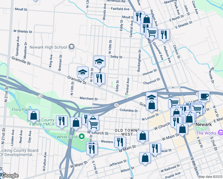 map of restaurants, bars, coffee shops, grocery stores, and more near 206 Granville Street in Newark