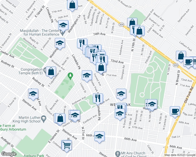 map of restaurants, bars, coffee shops, grocery stores, and more near 1927 Middleton St in Philadelphia