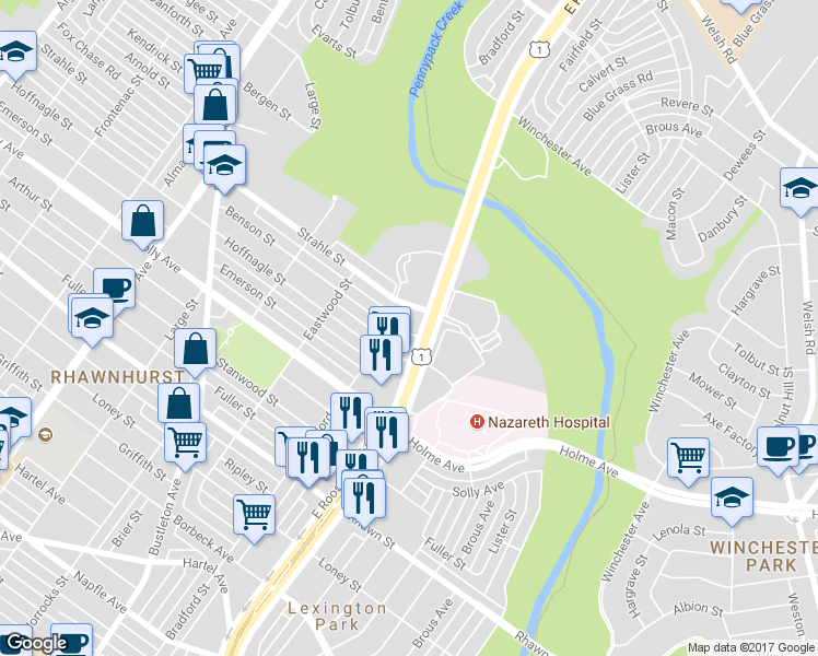 map of restaurants, bars, coffee shops, grocery stores, and more near 2401 Benson Street in Philadelphia