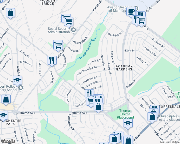 map of restaurants, bars, coffee shops, grocery stores, and more near 9222 Convent Avenue in Philadelphia