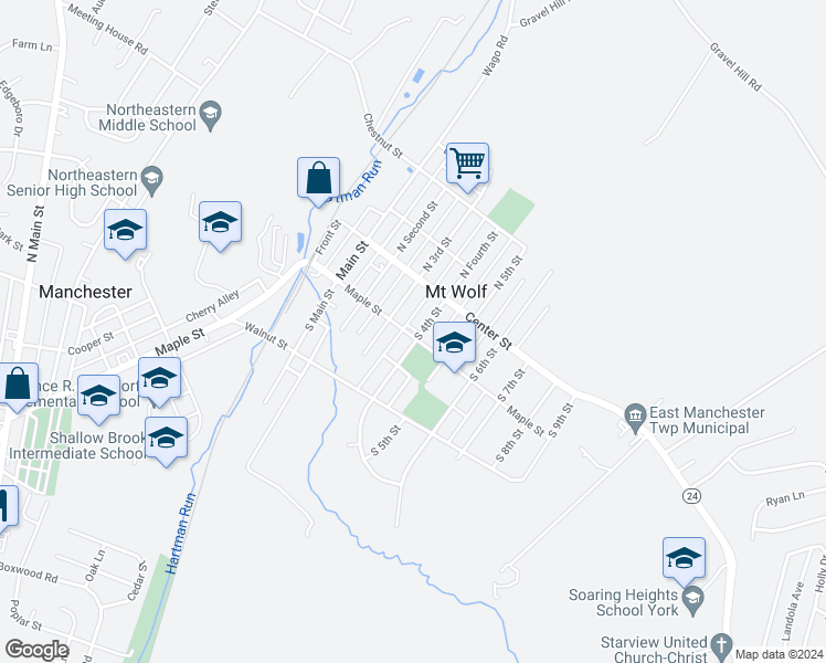 map of restaurants, bars, coffee shops, grocery stores, and more near 94 South 4th Street in Mount Wolf