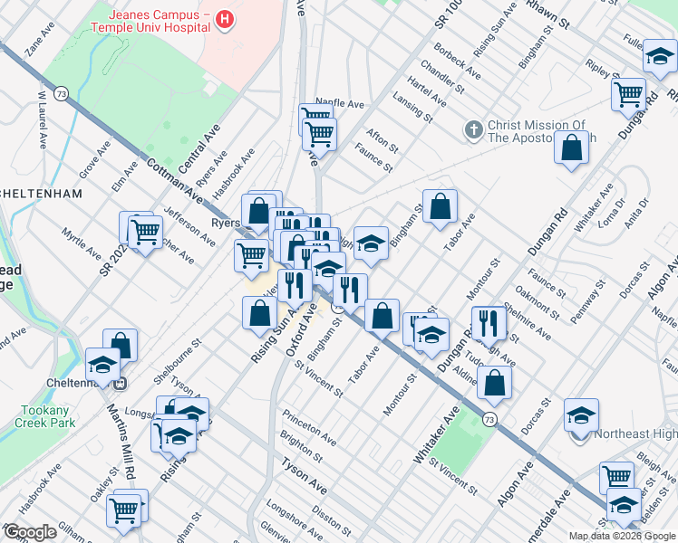 map of restaurants, bars, coffee shops, grocery stores, and more near 7330 Palmetto Street in Philadelphia