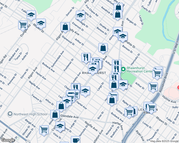 map of restaurants, bars, coffee shops, grocery stores, and more near 1924 Rhawn Street in Philadelphia