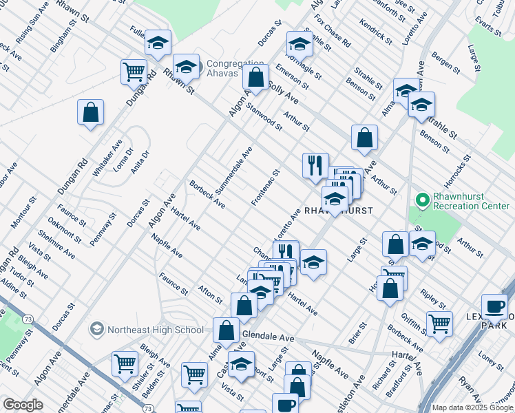 map of restaurants, bars, coffee shops, grocery stores, and more near 7919 Frontenac Street in Philadelphia