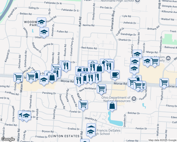 map of restaurants, bars, coffee shops, grocery stores, and more near 1630 Morse Road in Columbus