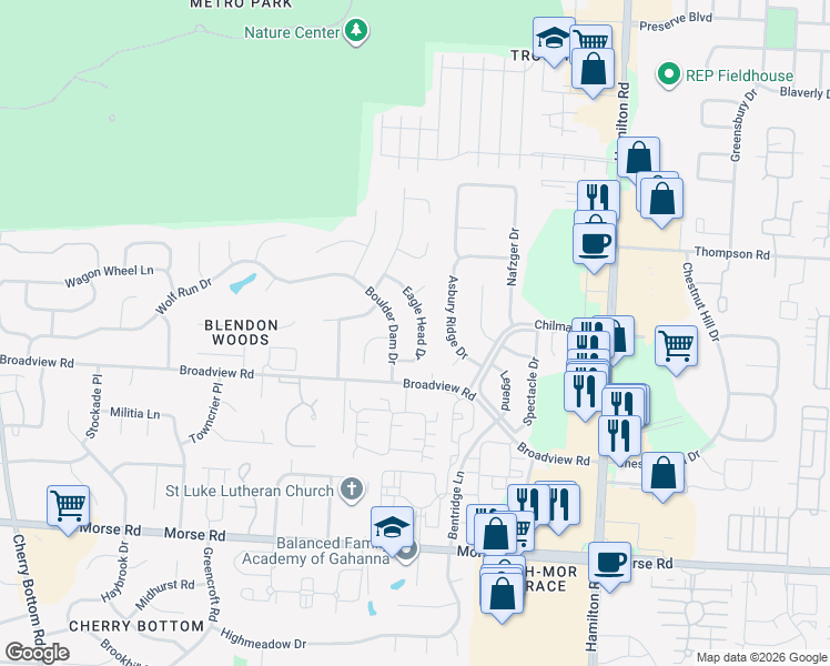 map of restaurants, bars, coffee shops, grocery stores, and more near 4157 Eagle Head Dr in Columbus