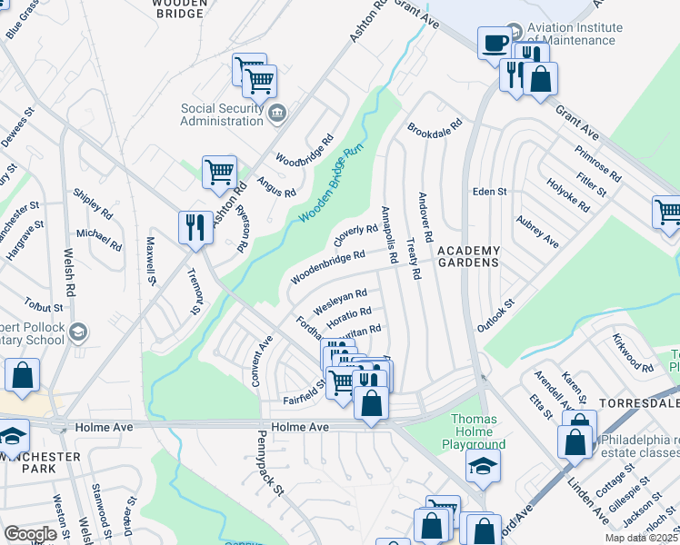 map of restaurants, bars, coffee shops, grocery stores, and more near 9222 Convent Avenue in Philadelphia
