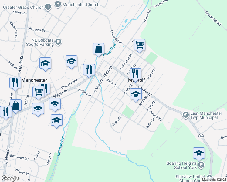 map of restaurants, bars, coffee shops, grocery stores, and more near 116 South Third Street in Manchester