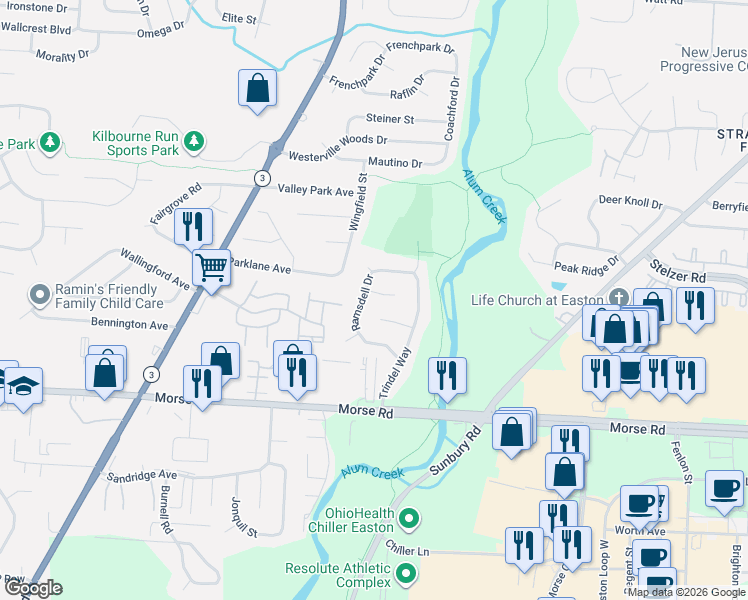 map of restaurants, bars, coffee shops, grocery stores, and more near 3481 Craigmore Court in Columbus