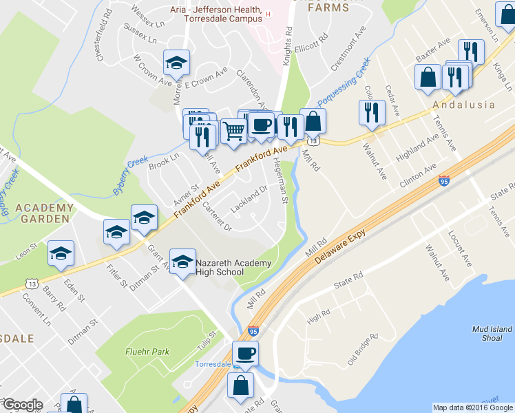 map of restaurants, bars, coffee shops, grocery stores, and more near 4212 Lackland Terrace in Philadelphia