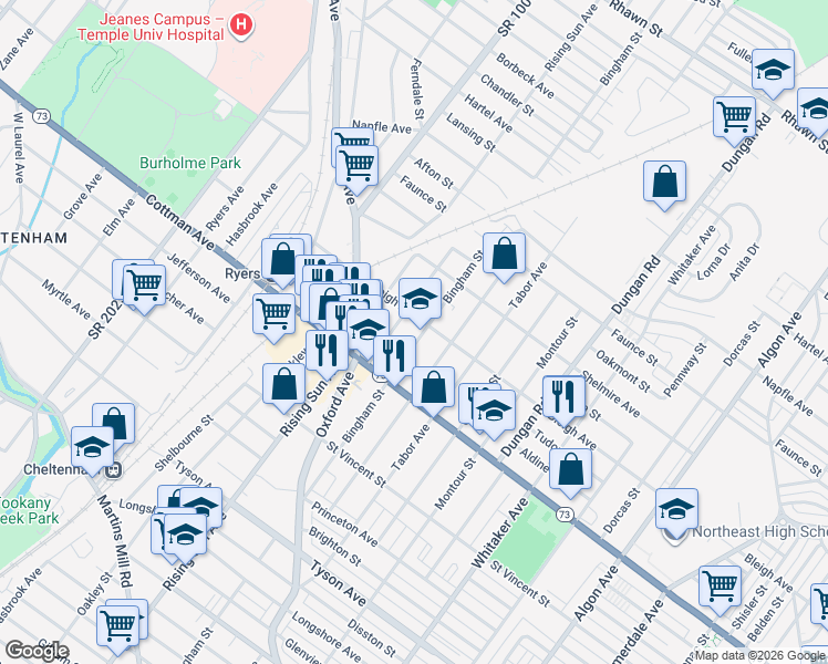 map of restaurants, bars, coffee shops, grocery stores, and more near 7340 Bingham St in Philadelphia
