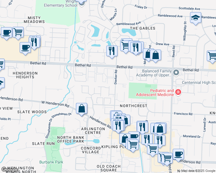map of restaurants, bars, coffee shops, grocery stores, and more near 2102 Burgoyne Court in Columbus