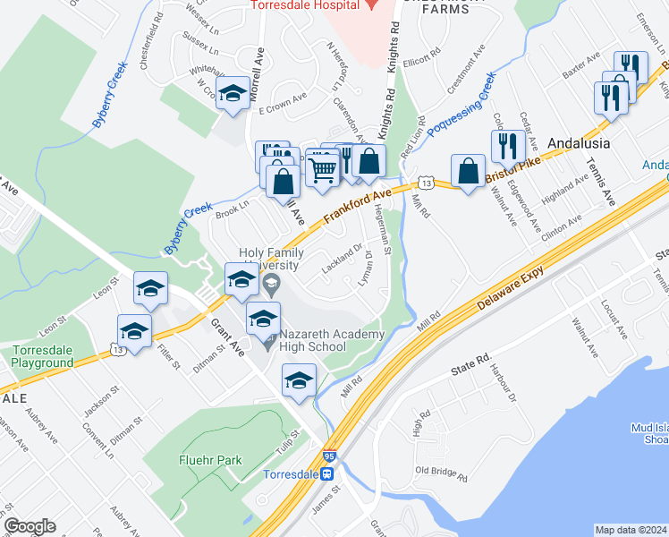 map of restaurants, bars, coffee shops, grocery stores, and more near 9868 Lackland Drive in Philadelphia
