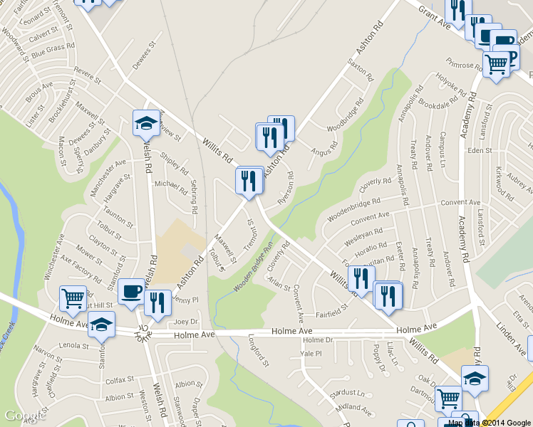 map of restaurants, bars, coffee shops, grocery stores, and more near 9105 Ryerson Road in Philadelphia