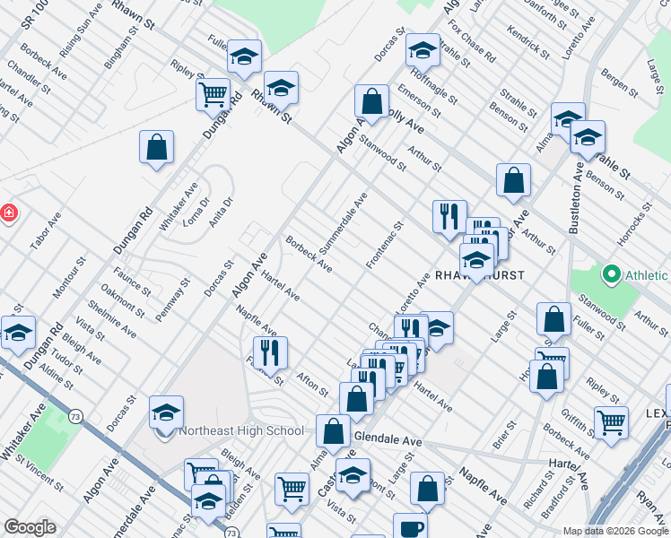 map of restaurants, bars, coffee shops, grocery stores, and more near 1717 Borbeck Avenue in Philadelphia