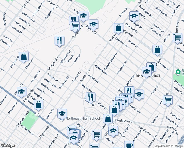 map of restaurants, bars, coffee shops, grocery stores, and more near 7804 Langdon Street in Philadelphia