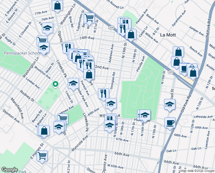 map of restaurants, bars, coffee shops, grocery stores, and more near 7041 Andrews Avenue in Philadelphia