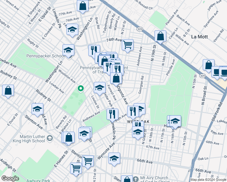 map of restaurants, bars, coffee shops, grocery stores, and more near 7050 Forrest Avenue in Philadelphia