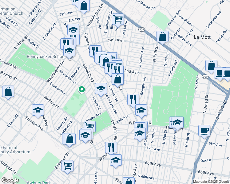 map of restaurants, bars, coffee shops, grocery stores, and more near 1927 Middleton St in Philadelphia
