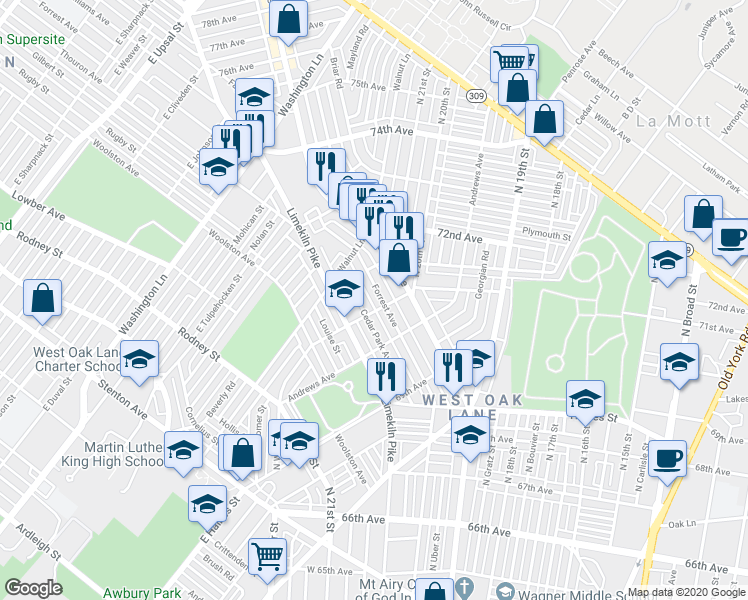 map of restaurants, bars, coffee shops, grocery stores, and more near 7050 Forrest Avenue in Philadelphia