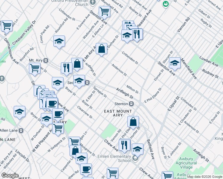 map of restaurants, bars, coffee shops, grocery stores, and more near 6912 Ardleigh Street in Philadelphia