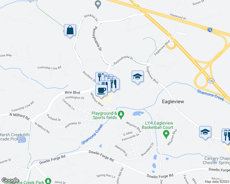 map of restaurants, bars, coffee shops, grocery stores, and more near 543 Wellington Square in Exton