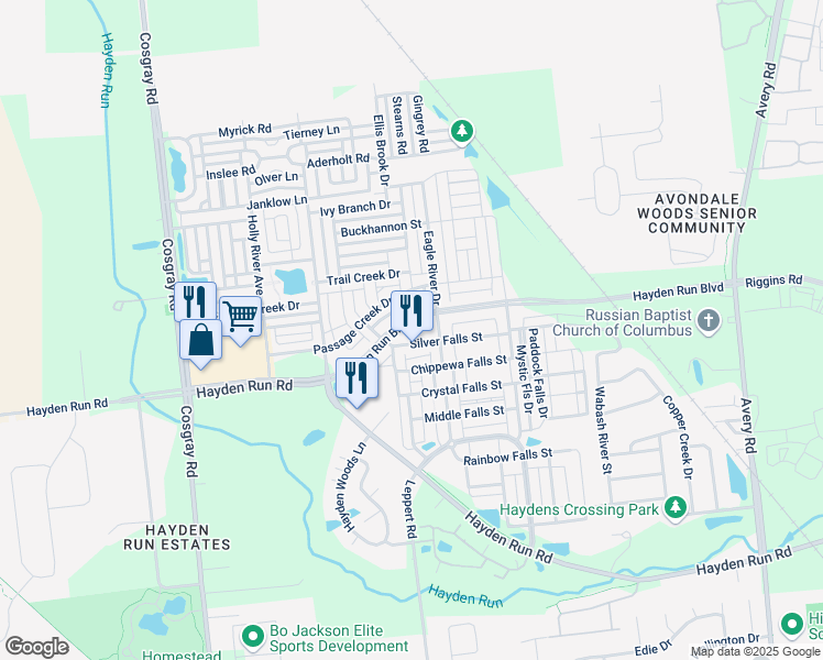 map of restaurants, bars, coffee shops, grocery stores, and more near 5730 Silver Falls Street in Dublin
