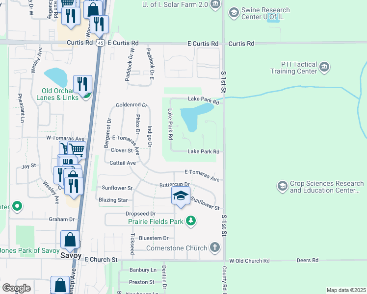 map of restaurants, bars, coffee shops, grocery stores, and more near 23 Lake Park Road in Champaign