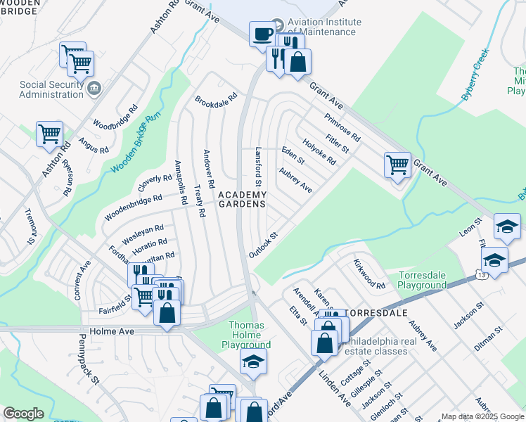 map of restaurants, bars, coffee shops, grocery stores, and more near 9245 Lansford Street in Philadelphia
