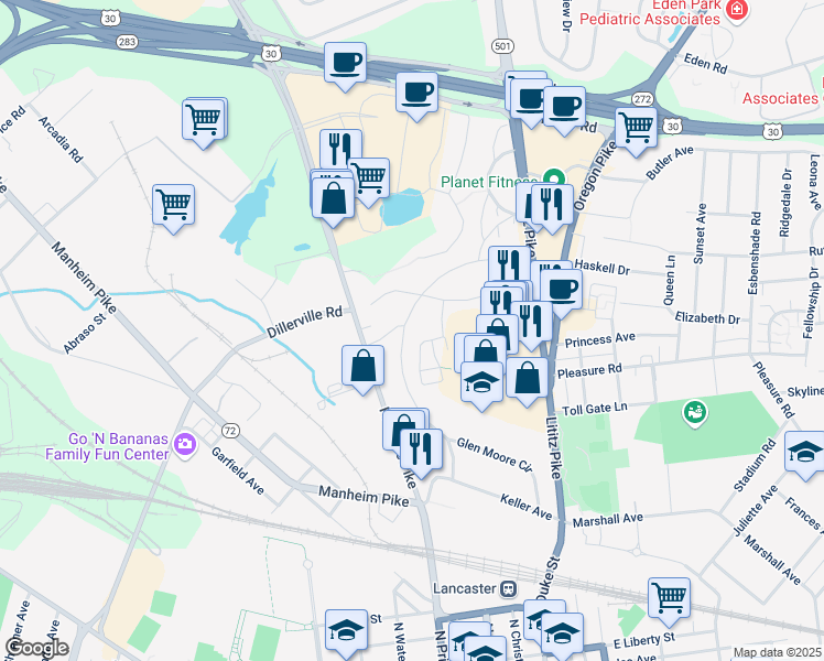 map of restaurants, bars, coffee shops, grocery stores, and more near 126 Glen Moore Cir in Lancaster