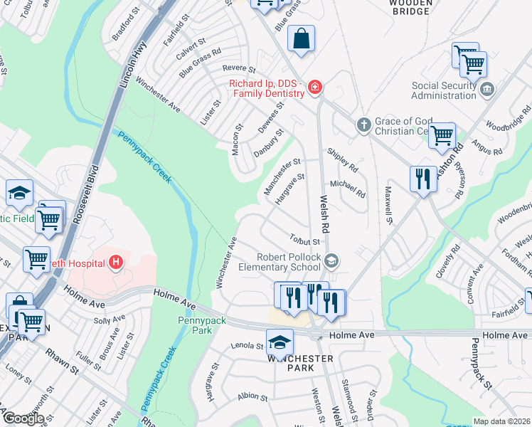 map of restaurants, bars, coffee shops, grocery stores, and more near 8728 Hargrave Street in Philadelphia