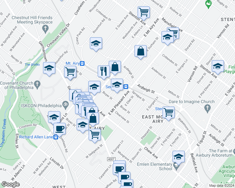 map of restaurants, bars, coffee shops, grocery stores, and more near 224 East Durham Street in Philadelphia