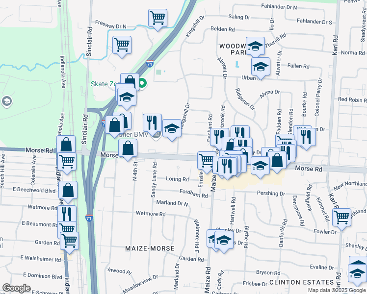 map of restaurants, bars, coffee shops, grocery stores, and more near 1100 Kingshill Drive in Columbus