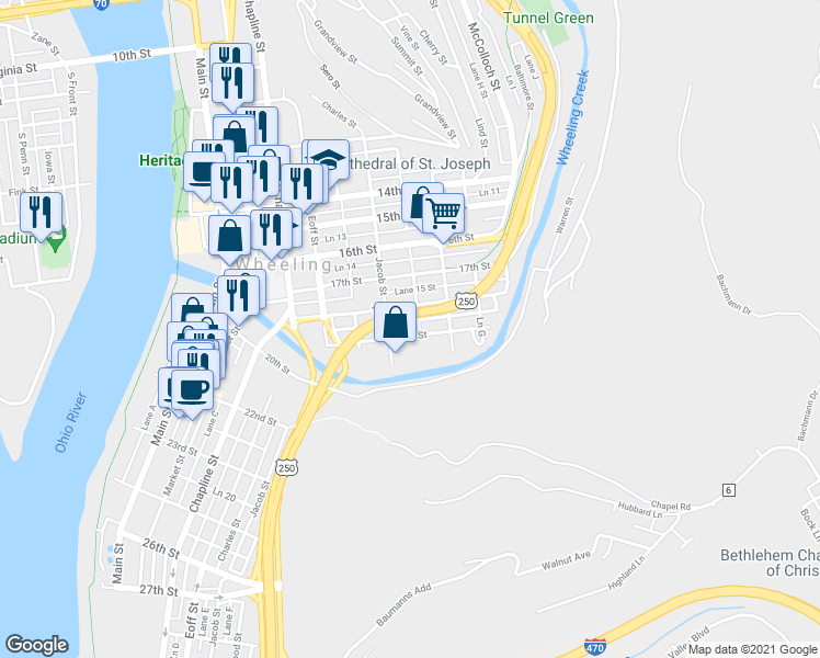 map of restaurants, bars, coffee shops, grocery stores, and more near 99 19th Street in Wheeling