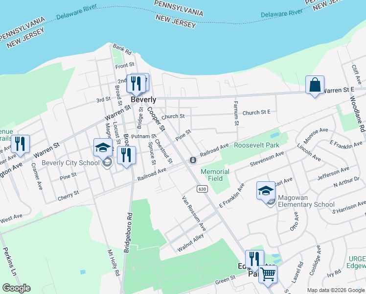 map of restaurants, bars, coffee shops, grocery stores, and more near 619 Elizabeth Street in Beverly