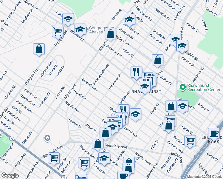 map of restaurants, bars, coffee shops, grocery stores, and more near 7919 Frontenac Street in Philadelphia