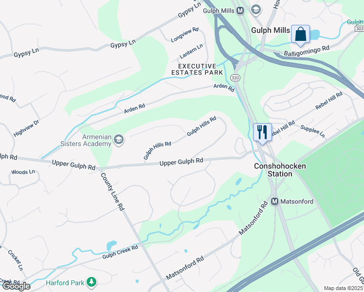 map of restaurants, bars, coffee shops, grocery stores, and more near 270 Gulph Hills Road in Wayne