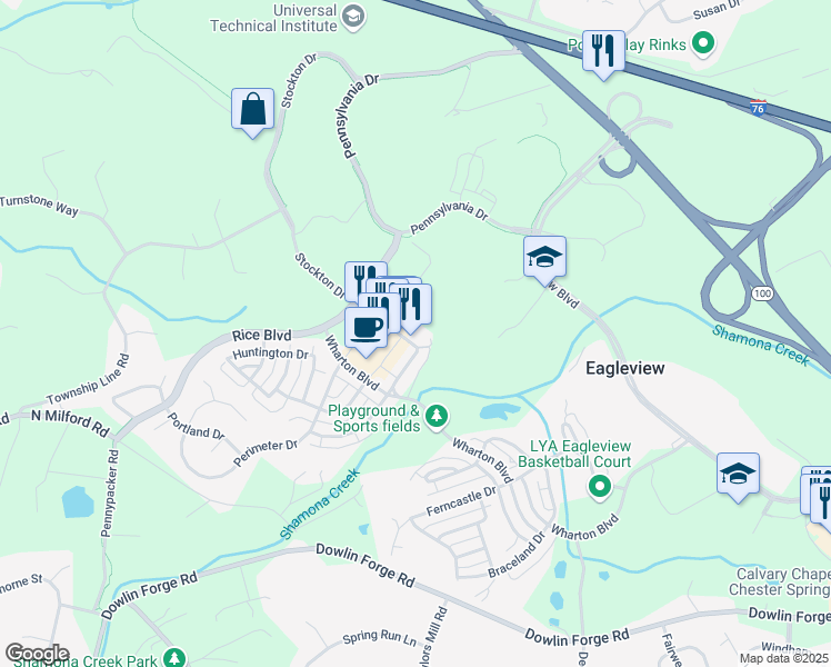 map of restaurants, bars, coffee shops, grocery stores, and more near 510 Wellington Square in Exton