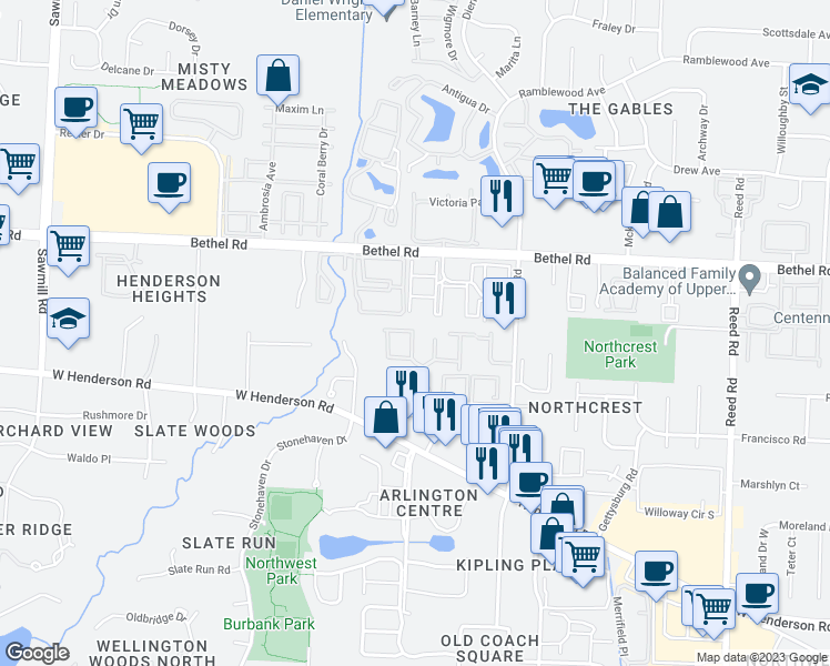 map of restaurants, bars, coffee shops, grocery stores, and more near 5226 Fall Water Court in Columbus