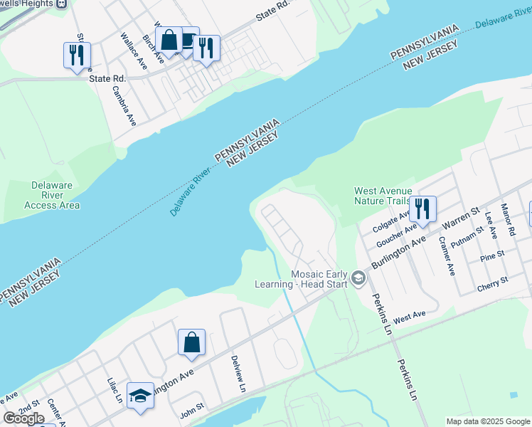map of restaurants, bars, coffee shops, grocery stores, and more near 1 Fox Court in Delran