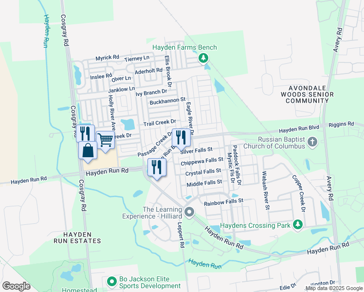 map of restaurants, bars, coffee shops, grocery stores, and more near 5730 Silver Falls Street in Dublin