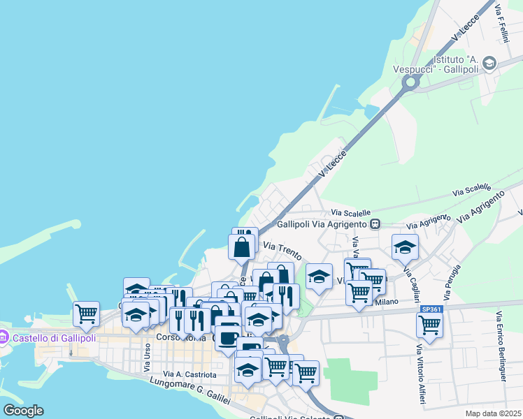 map of restaurants, bars, coffee shops, grocery stores, and more near 16 Via Fiume in Gallipoli