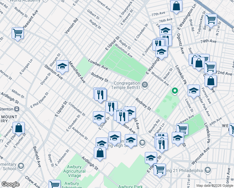 map of restaurants, bars, coffee shops, grocery stores, and more near 1514 E Johnson St in Philadelphia
