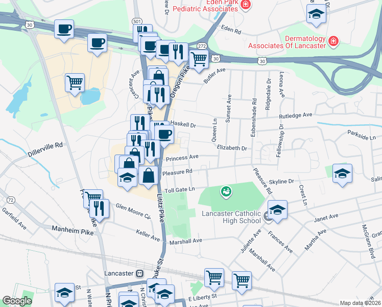 map of restaurants, bars, coffee shops, grocery stores, and more near 203 Princess Ave in Lancaster