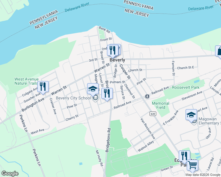 map of restaurants, bars, coffee shops, grocery stores, and more near 520 Broad Street in Beverly