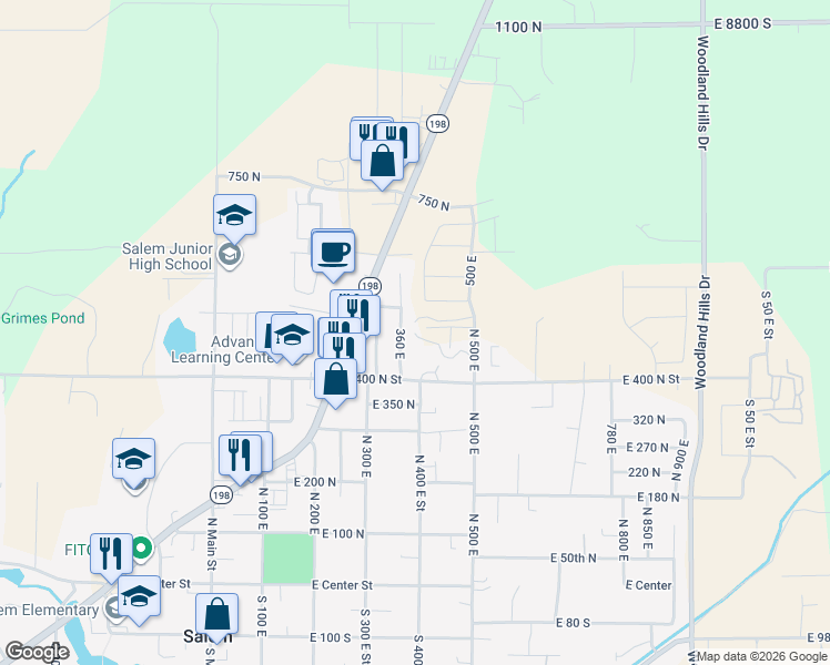 map of restaurants, bars, coffee shops, grocery stores, and more near 394 East 500 North in Salem