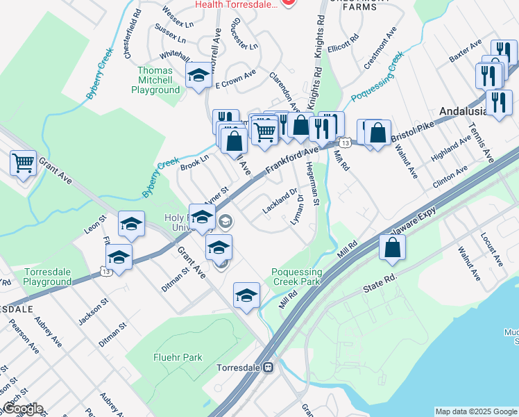 map of restaurants, bars, coffee shops, grocery stores, and more near 9864 Lackland Drive in Philadelphia
