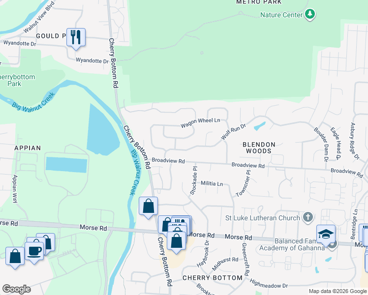 map of restaurants, bars, coffee shops, grocery stores, and more near 5164 Wolf Run Drive in Columbus