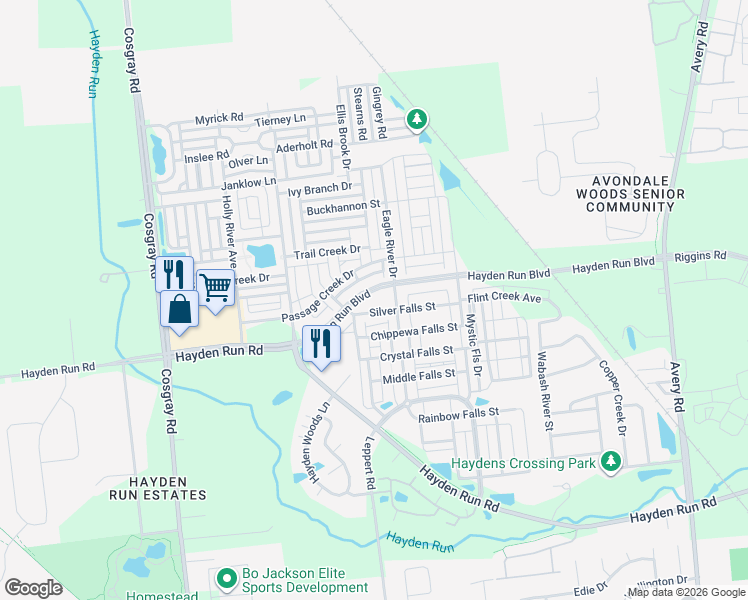 map of restaurants, bars, coffee shops, grocery stores, and more near 5730 Silver Falls Street in Dublin