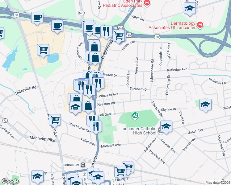 map of restaurants, bars, coffee shops, grocery stores, and more near 203 Princess Avenue in Lancaster